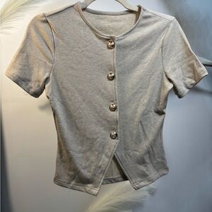 (03)Beige Short Sleeve Button Front Knit Top